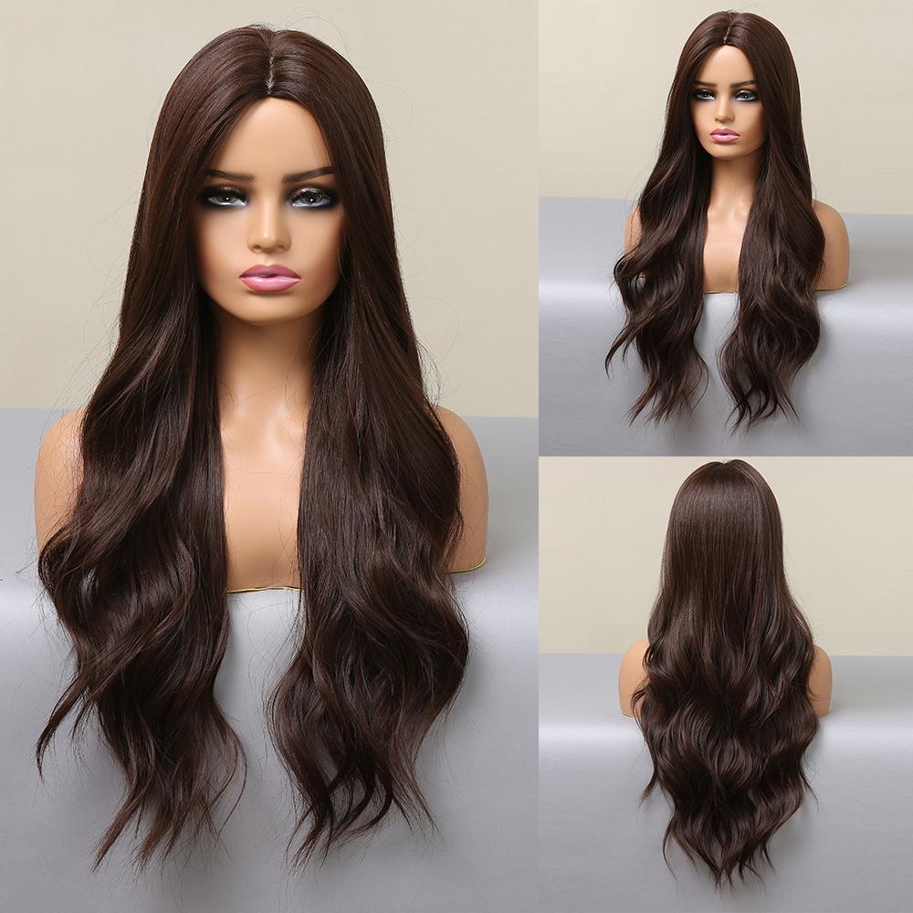 HAIRCUBE White Platinum Mixed Brown Synthetic Wigs Long Wavy Natural Hair Wigs for Women Middle Part Daily Heat Resistant Wigs