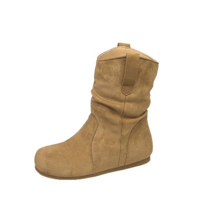 Vintage round head pleated medium tube women's boots suede small skinny boots women's sleeve knight boots