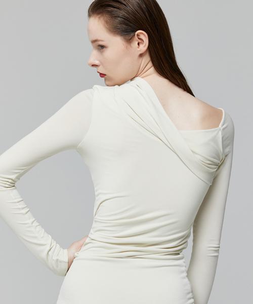 Lady Volume Unbalanced Shirring Mini Dress_Cream