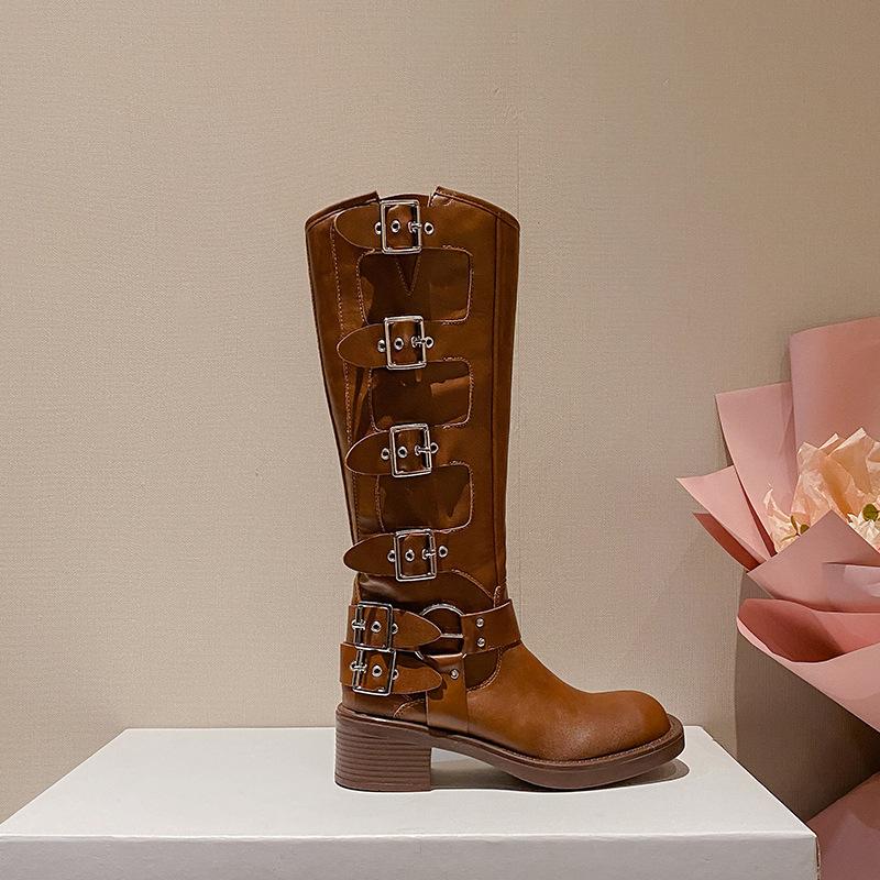 Cowhide Version Boots, Long Boots, Women's Thick Soles, Popular This Year, Maillard Western Cowboy Boots, Retro Knight Boots