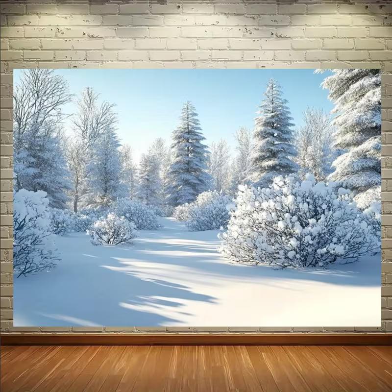 

2D Bright Snowy Forest Scene Backdrop, Pine Trees & Bushes Photography Background 47.2x31.5inch/120*80cm