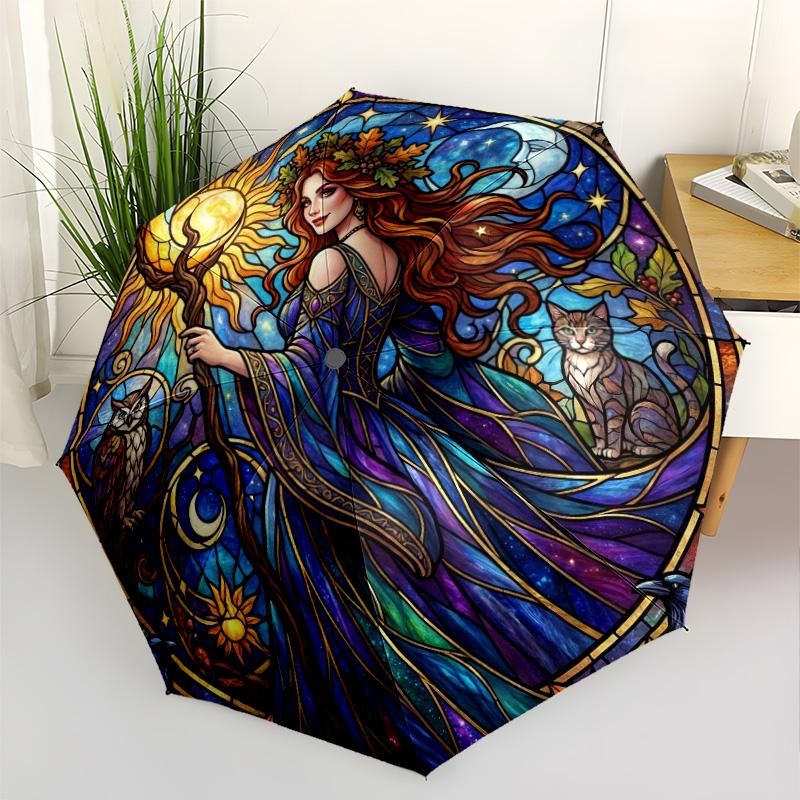 Witchcraft Halloween Magic Compact Travel Automatic Umbrella Folding Umbrella with 8 Ribs Lightweight for Women/Men Fashionable