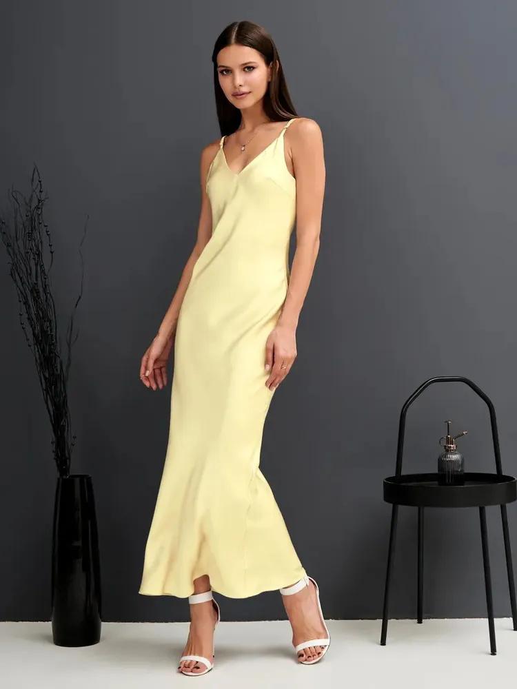 Sexy Backless Satin Yellow  Dress