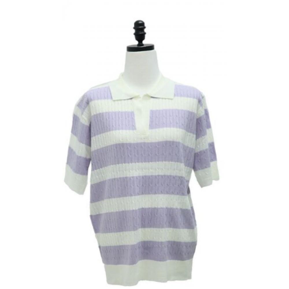 Shiz Madam Knit Collar Tee Stripe Color Block T57118