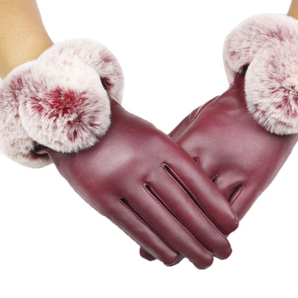Plus Velvet Waterproof Windproof Touch Screen Mittens Faux Fur Gloves Cashmere Gloves PU Leather