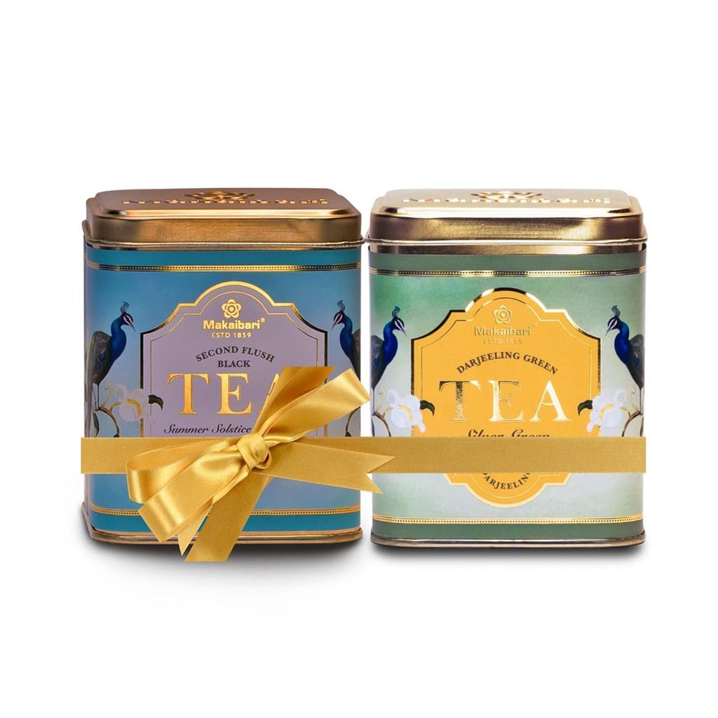 Makaibari Silver Green Darjeeling Green Tea & Summer Solstice Muscatel Darjeeling Black Tea Tin Caddy | 100 Gm X 2| Single Estate Loose Leaf Tea