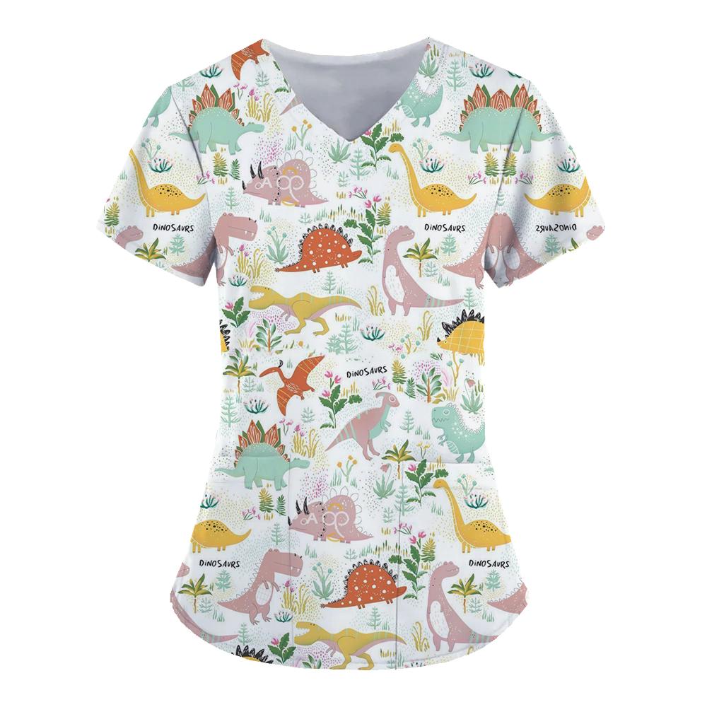 

Women s T-shirts V-Neck Working Uniform for Women Cute dinosaur 3D Print Tops Cute Animal Nurse Uniform Blouse Pocket Workwear XS