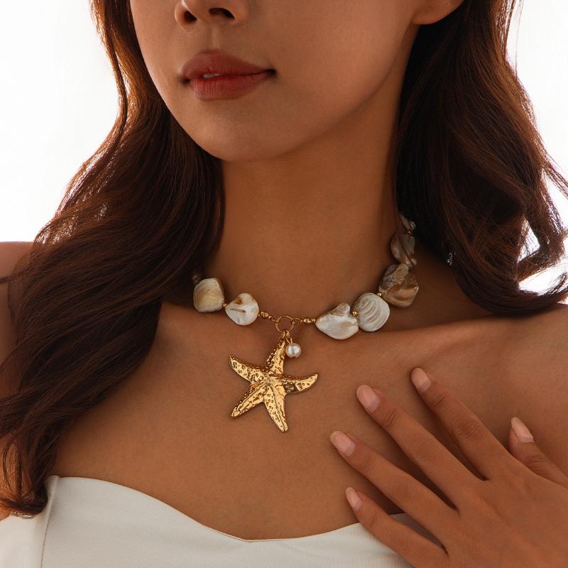 Retro Seestern Weiße Muschel Kauri Anhänger Halskette Damen Schlicht Kreativ Bunte Steine Handgewebt Strand Schmuck Mädchen