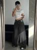 Women's European Size Black Floor-Length Wide-Leg Ripped Jeans