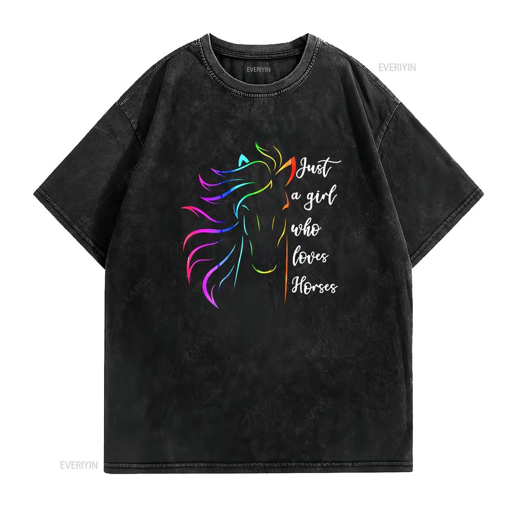 Just A Girl Who Loves Horses Horseback riding Cute Horse T Shirt vintage Washed Top For Everyday Wear Versatile streetwear Soft