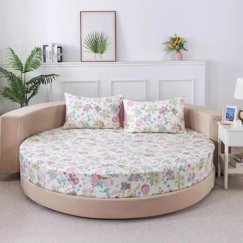 3 Pezzi Lenzuolo con Angoli in Cotone con Elastici Biancheria da Letto per Coprimaterasso Rotondo Tinta Unita Misura Queen Copriletto con Federa