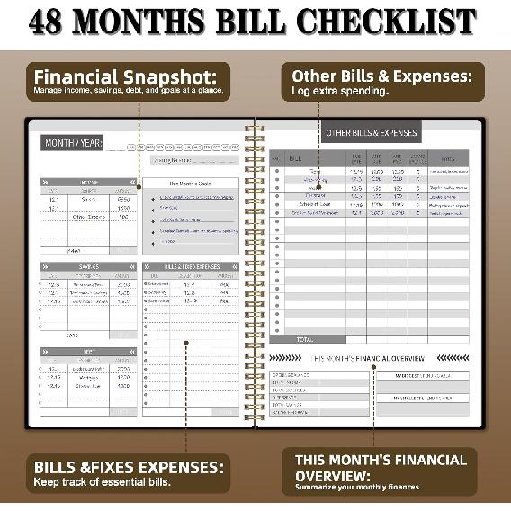 Undated Monthly Bill Payment - 48-Month Undated Financial Organizer with Income Tracker, Savings & Debt Management, Yearly Goals, Expense Tracking
