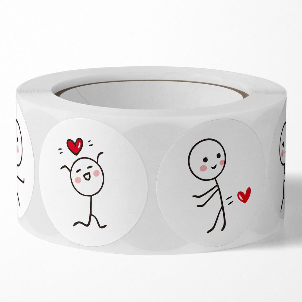 1 Roll/500pcs Cartoon Matchstick Man Sticker, Round Adhesive Label, Creative Stickers For Children's Journaling And Sealing