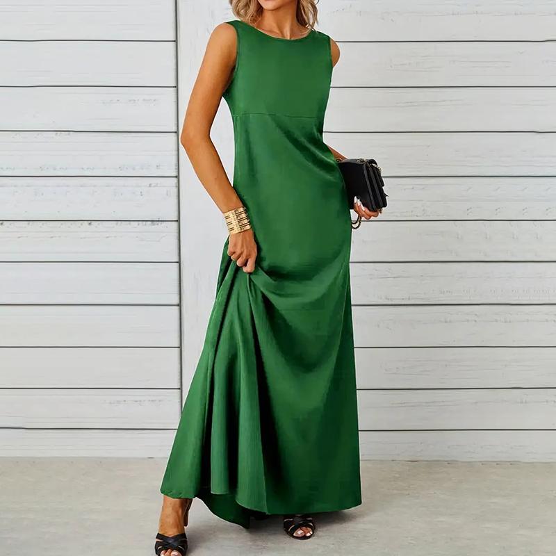 Women Casual Sleeveless O Neck Solid Color One Piece Dress