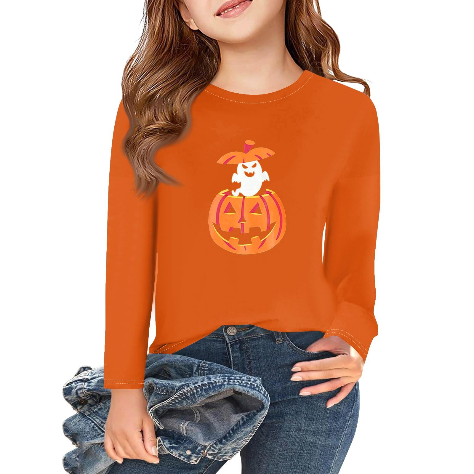 

Футболки с длинным рукавом для девочек на Хэллоуин, детские осенние топы с круглым вырезом, базовые футболки 2-11 лет 130 оранжевый