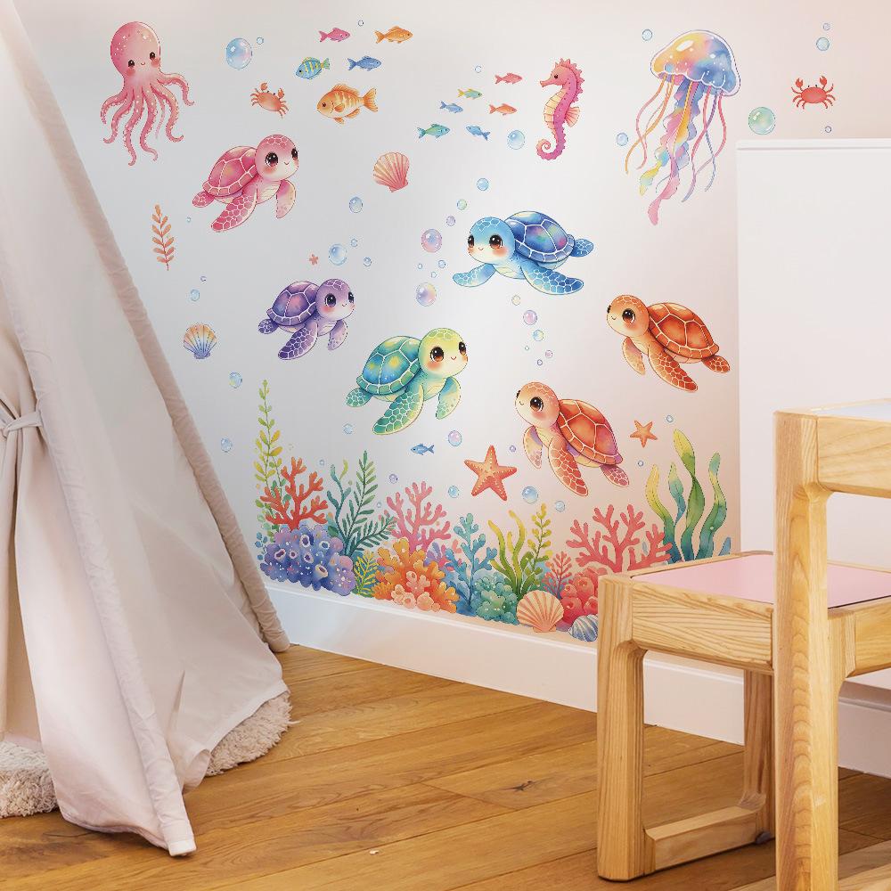Watercolor Underwater World Turtle Coral Living Room Bathroom Toilet Home Decoration Wall Stickers