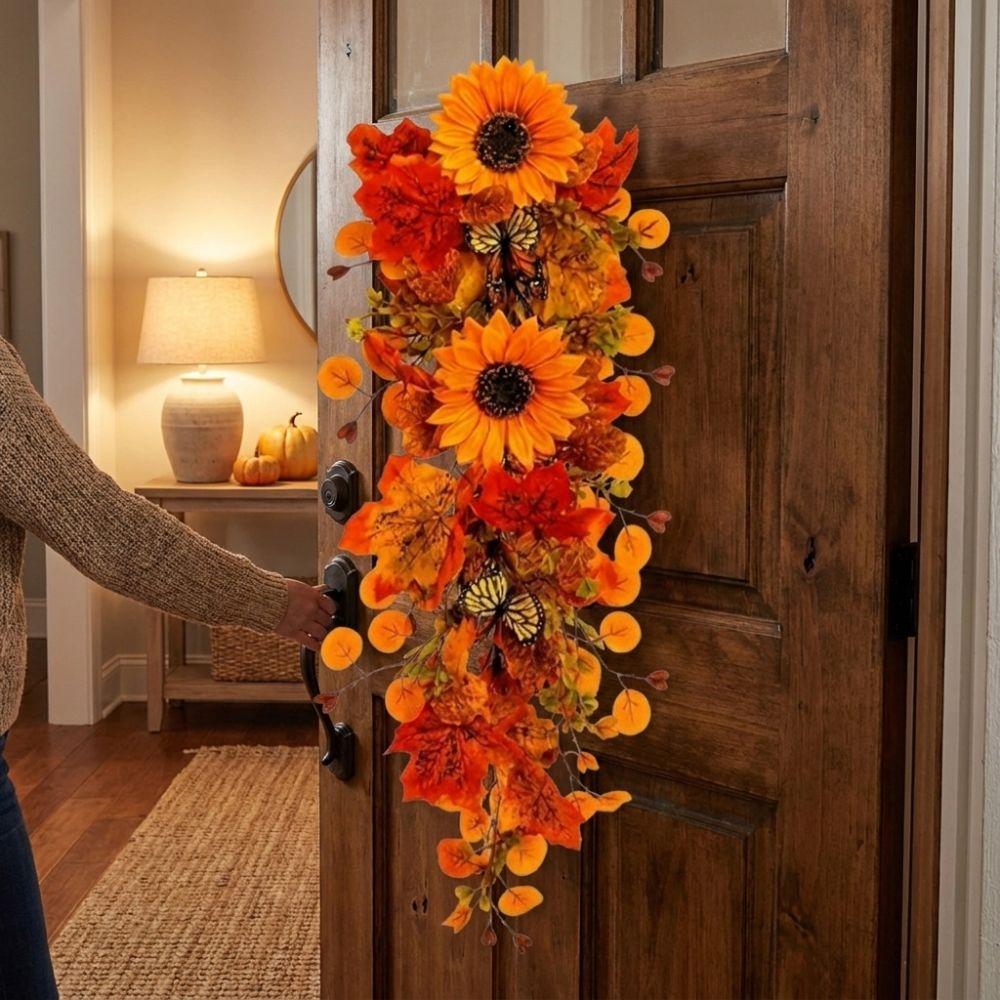 Lifelike Sunflower Wall Hanging Wreath with Butterfly Eucalyptus Leaves Fall Sunflower Teardrop Swag Harvest Theme Real Touch