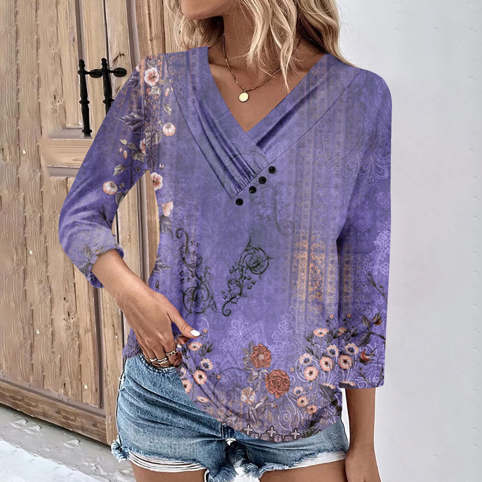 

Женские повседневные футболки с рукавом 3/4 для выходных с V-образным вырезом и принтом, свободные плиссированные футболки, женская блузка XL фиолетовый