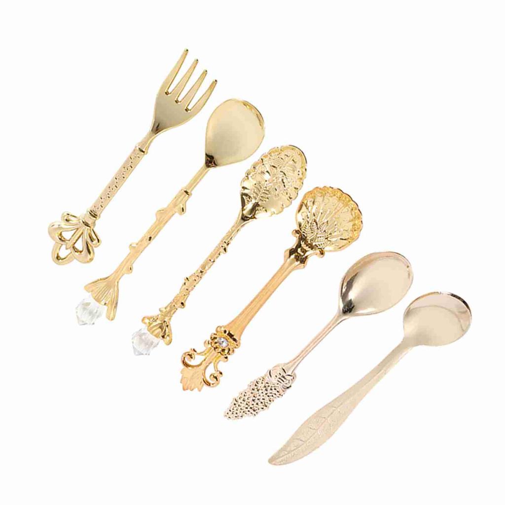 6-teiliges Set Vintage Royal Style Metall Mini Kaffeelöffel und Gabel Küche Obst Kaffee Zubehör