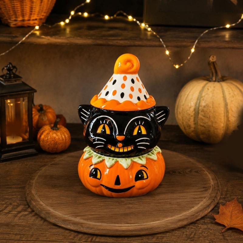 Halloween Tischdekorationen Katzenfiguren mit Kürbisakzent, Glattes Schwarzes Saisonales Regalornament für Kaminsims Eingangsbereich Party-Styling Innenräume