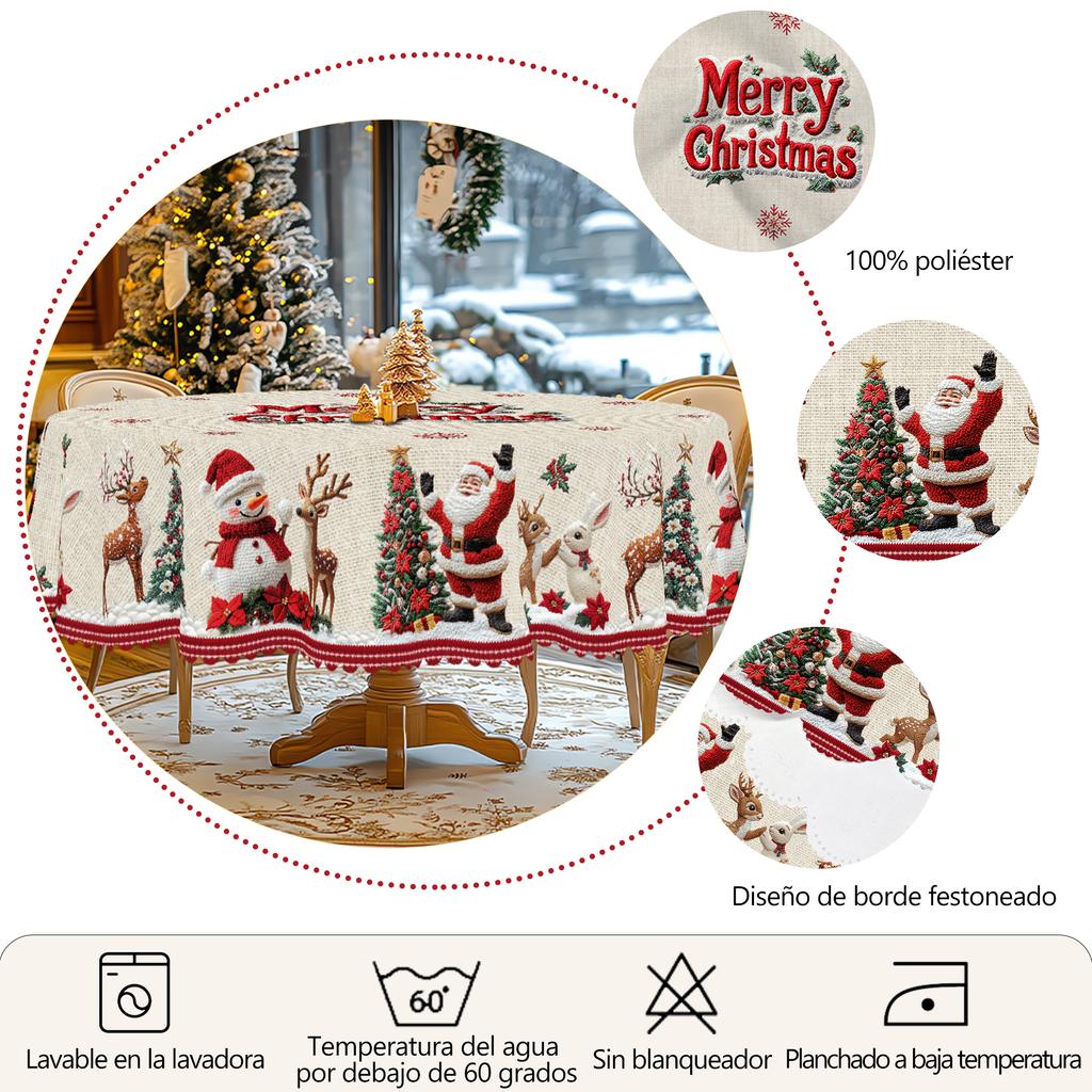 Vánoční vintage ubrus na stůl ve stylu farmářského domu s potisky Santa Clause, sobů a vánočního stromečku. Obdélníkové a kulaté velikosti pro vánoční/novoroční večírky, kuchyň, vnitřní &