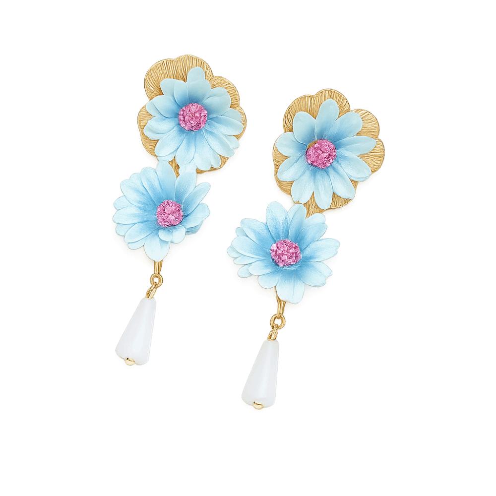 Colorful Fabric Flower Earrings Glass Crystal Drop Earrings Floral Pendant Earrings  Women Jewelry