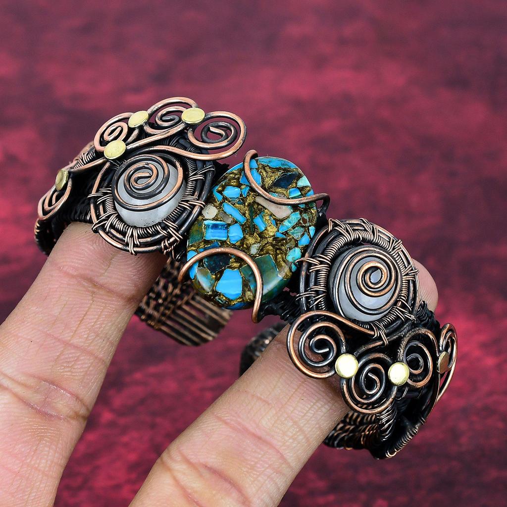 Copper Chrysocolla Bangle Copper Wire Wrapped Adjustable Moonstone Cuff Bracelet