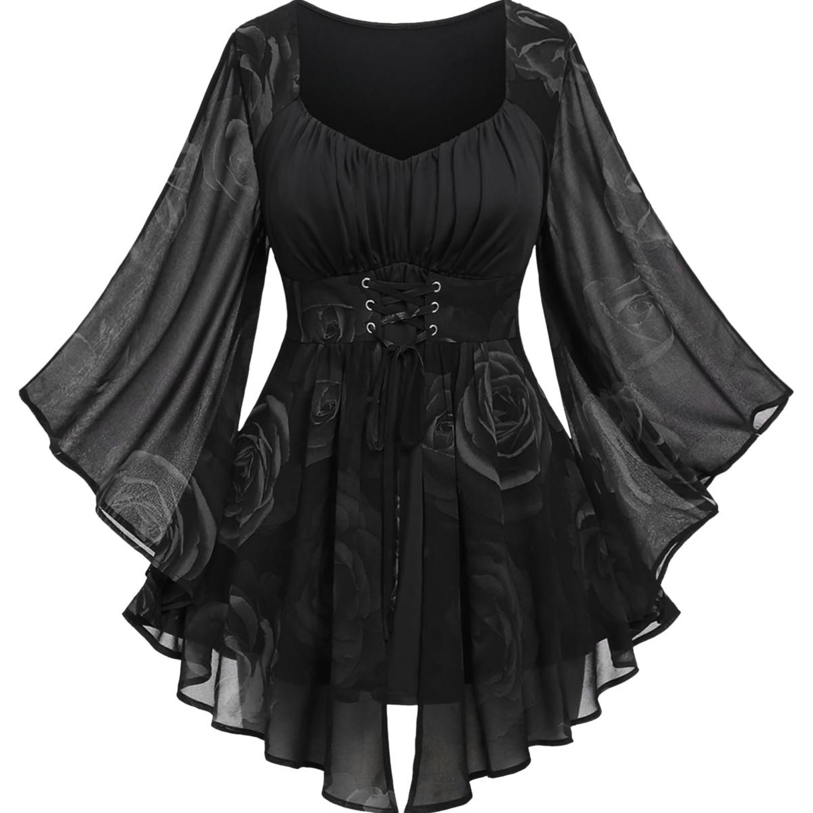 

Модные женские топы больших размеров с розовым принтом, кулиской, нерегулярными рукавами, средней длины XL чёрный