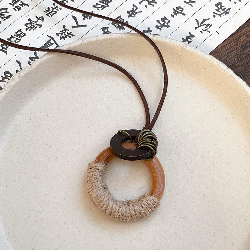 Retro Ethnic Heart Necklace: Wooden Flower Pendant Sweater Chain for Women