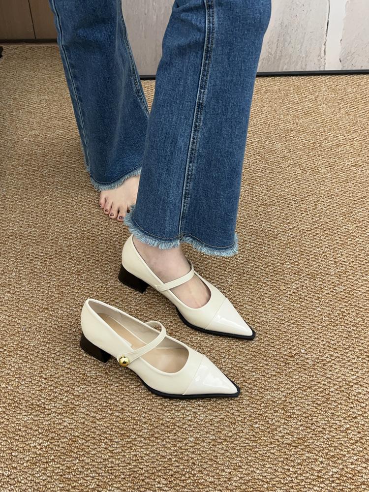

Остроносые маленькие кожаные туфли женские 2024 новая весна толстый каблук низкий каблук высокий каблук ретро французский темперамент Мэри Джейн туфли-лодочки 40 абрикосовый