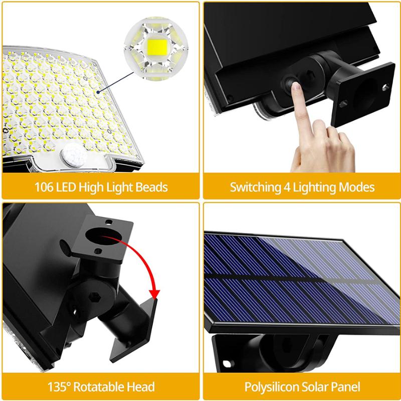 106 LED solární venkovní světlo, 348 LED reflektor, 228LEDIP65 vodotěsný pohybový senzor, detekce lidského těla, solární světlomet, bezpečnostní světlo, 3 režimy
