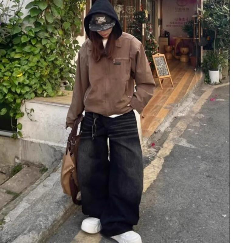 Womens Black Retro Straight Leg Denim Pants Loose Fit High Street Style Fall Wide Jeans