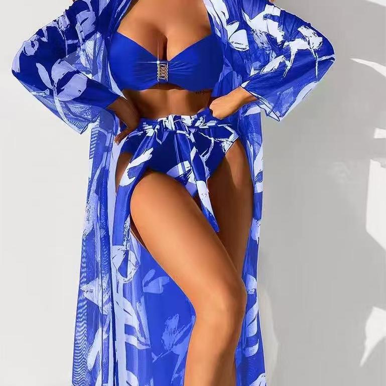 Women's High Waist Bikini 3-Piece Set with Long Shirt - European & American Style 2025 Swimwear