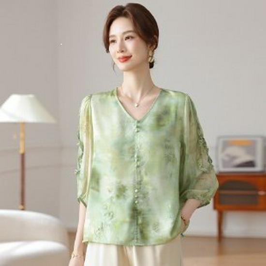 2026 New Chinese Style Spring/Summer Seven-Sleeve Chiffon Top for Middle-Aged and Elderly Women