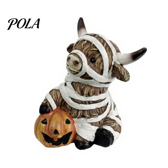 Decorative Pumpkin Cow Statue Highland Halloween Decor, Funny Resin Ghost Figurine for Home Mantel Decorations Office Tiered Tray Table Desk