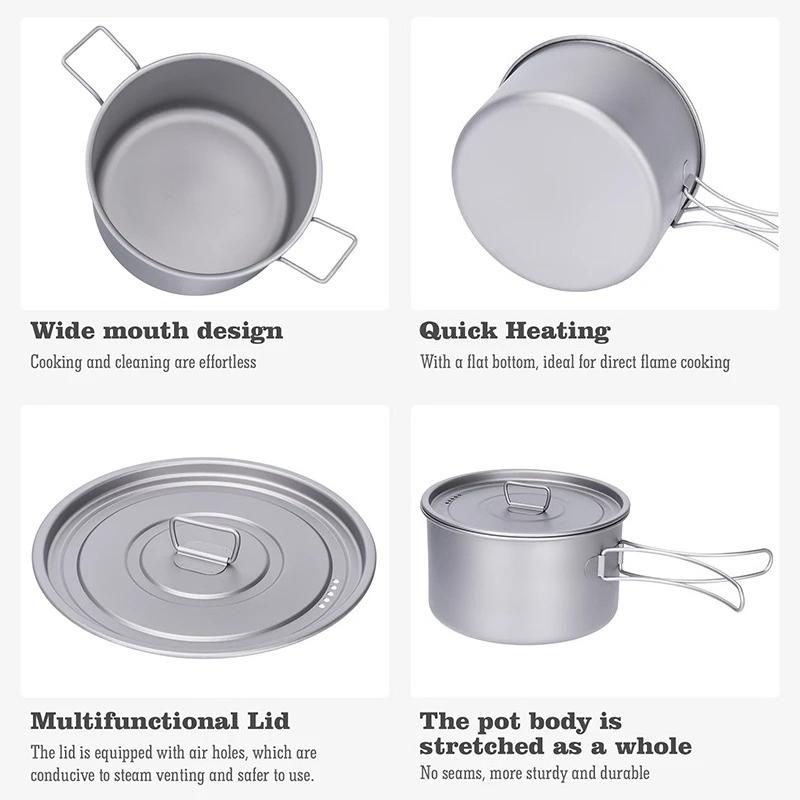 Lightweight Titanium Pot Outdoor Portable Cooking Set Backpacking Pot for Hiking Trekking Picnic Fishing