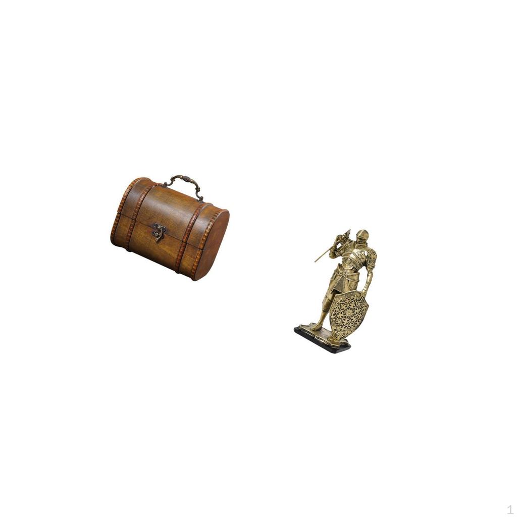 Vintage Wooden Jewelry Box Organizer with Knight Statue Figurine Resin Abstract Figure Nordic Art