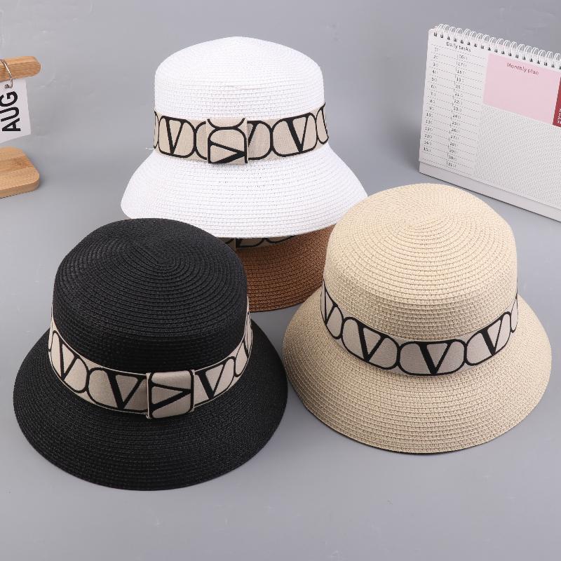 Trendy Letters Woven Fisherman Ladies Simple Straw Hat Sun Hats Outdoor Travel Beach Panama Cap Bucket Hats For Women