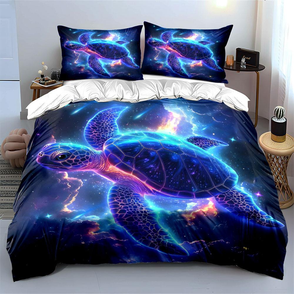 Neon Cosmic Sea Turtle Dream Print Bedding Set 1 Duvet Cover 2 Pillowcases for Adult and Children Luxury Gift Full Size