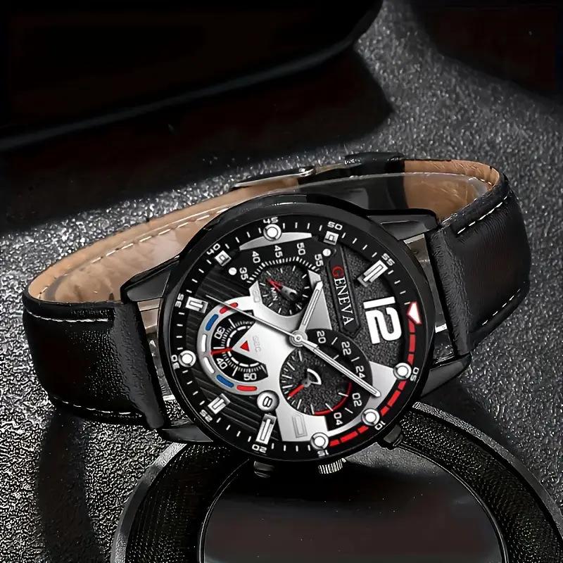 Fashionable Casual Sophisticated Business Leather Belt Men's Watch Cross Pendant Necklace Bracelet Set Quartz Movement
