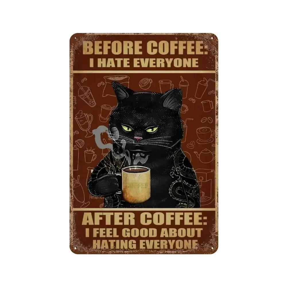 Funny Coffee Sign Retro Cat Posters Metal Tin Sign Vintage Kitchen Signs Coffee Bar Sign Cat Wall Art Poster Cats Home Decor