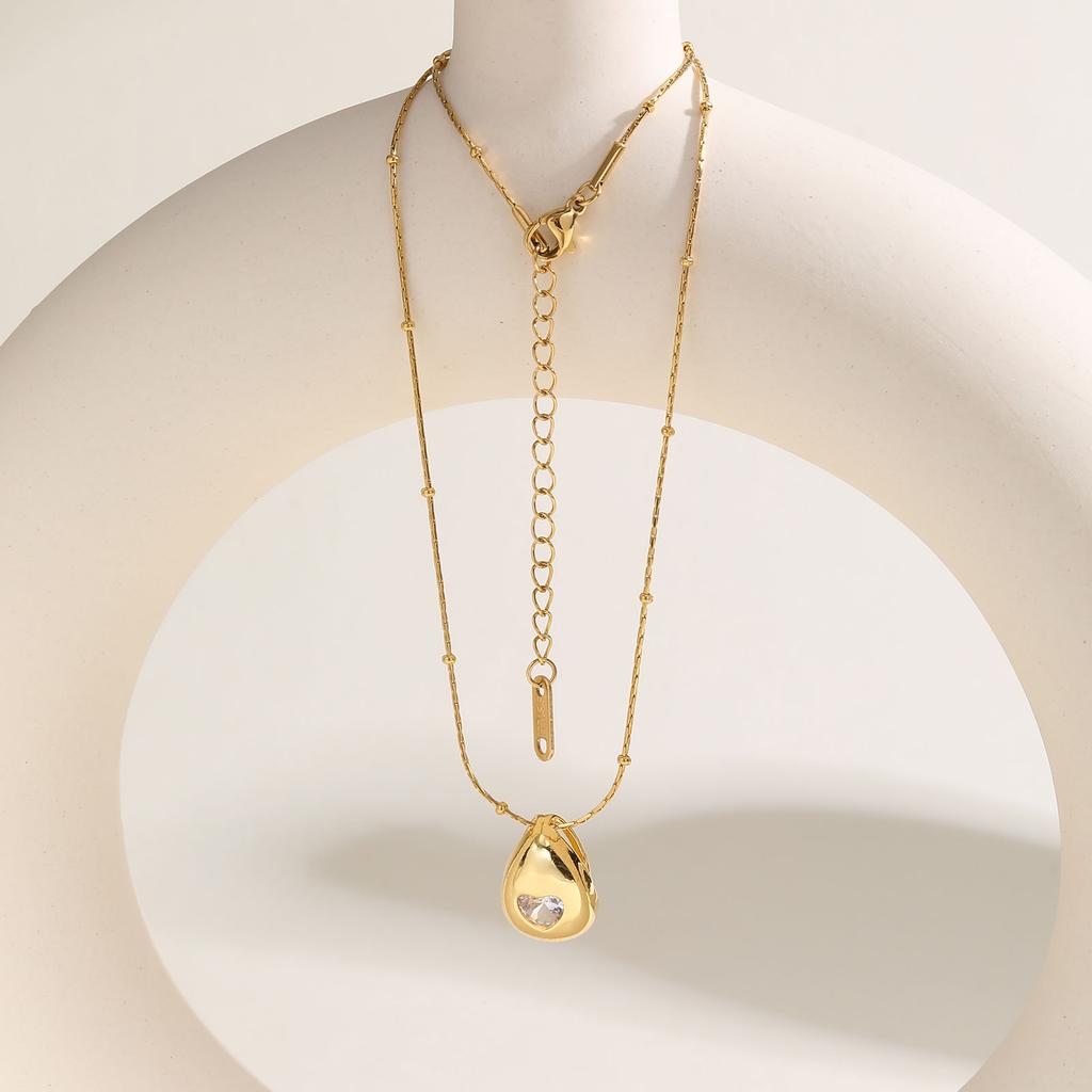 Elegant Heart-shaped Zircon Water Drop Necklace for Women,Stainless Steel Hammer Round Bead Chain Necklaces,Fashion Jewelry Gift