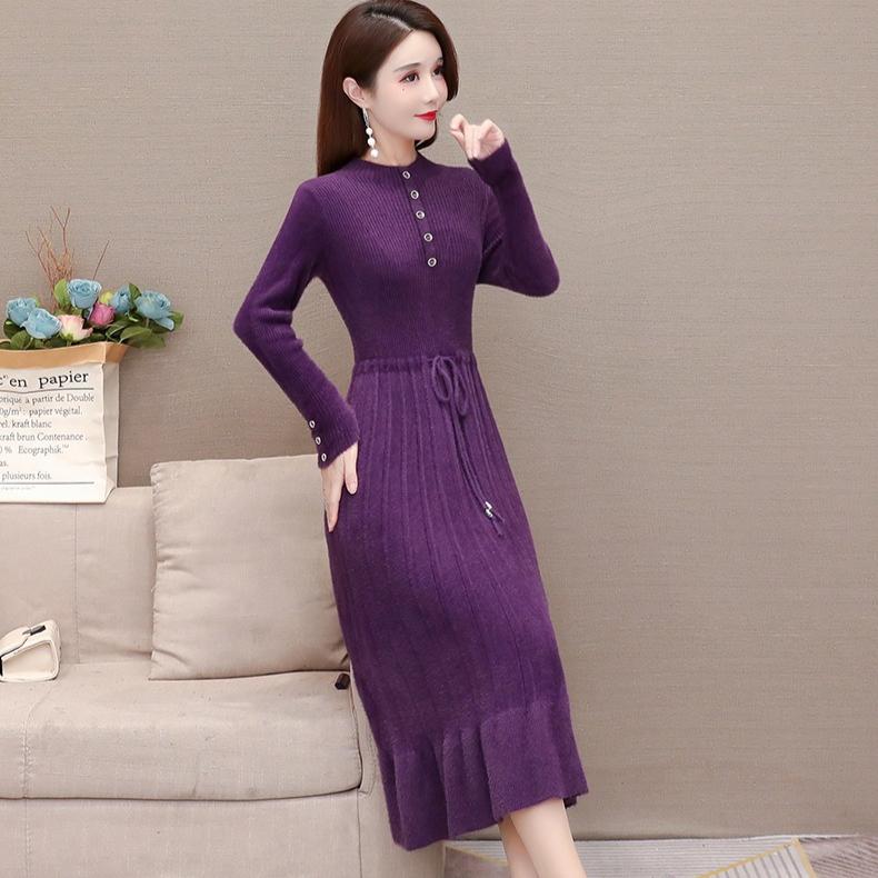 Women's Mink-proof Knitted Dress Loose Solid Color Mid-length Sweater Dress Knee-length Fishtail Dress for Autumn and Winter