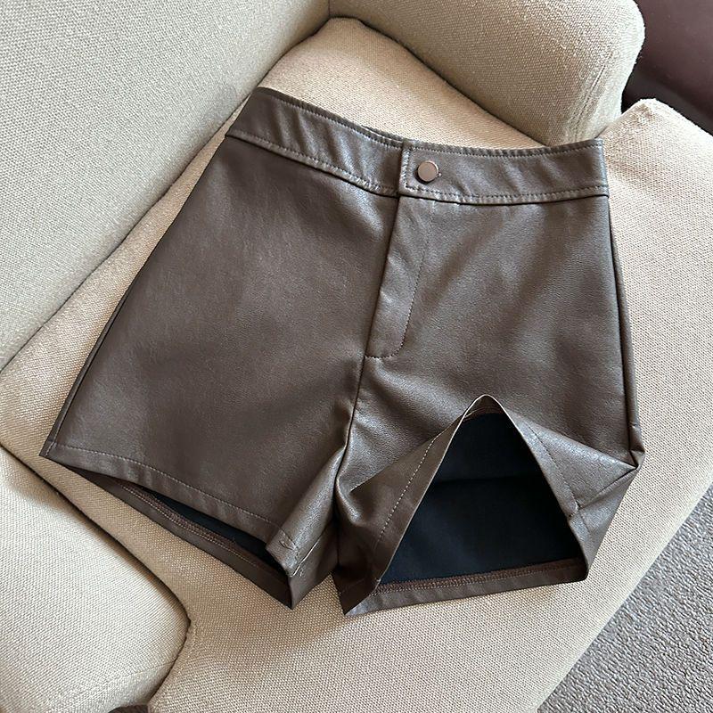 

2023 Черные узкие кожаные шорты из искусственной кожи с высокой талией на осень/зиму – повседневные брюки больших размеров, подходящие для обуви XS кофейный