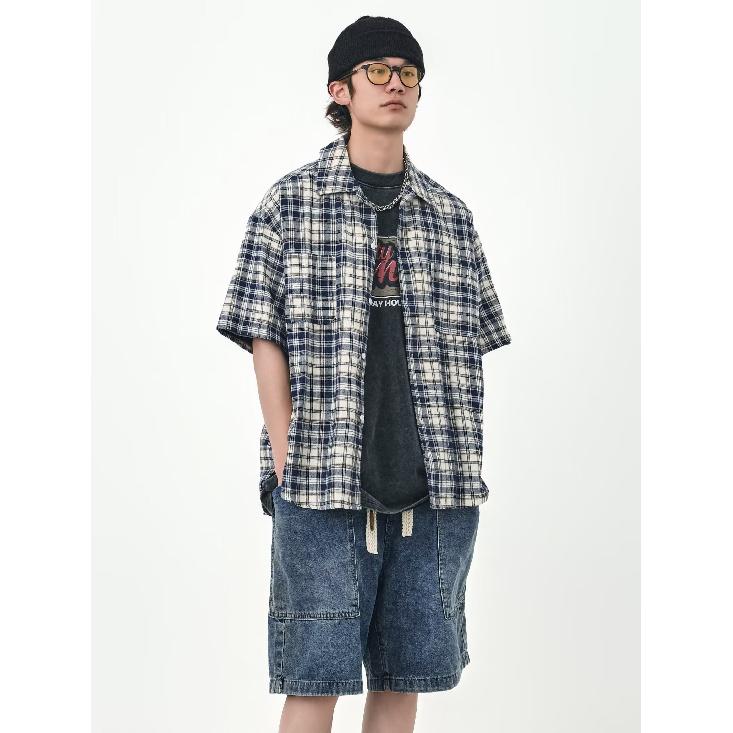 Retro Rutig Skjorta Herr Kortärmad Trendig Casual Mångsidig Skjorta Hong Kong Stil Vår Och Höst Hooligan Stil Stilren Tumsjacka