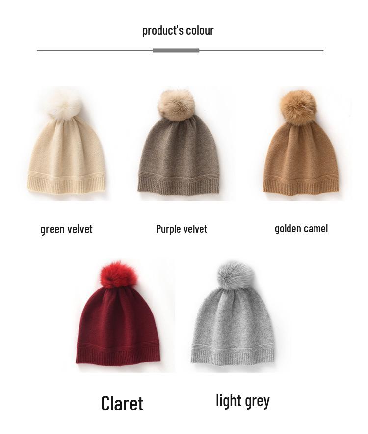 Women's Winter Cashmere Hat with Fox Fur Pom-Pom, Knitted Wool Ear Protection, Slimming and Warm Postpartum Design