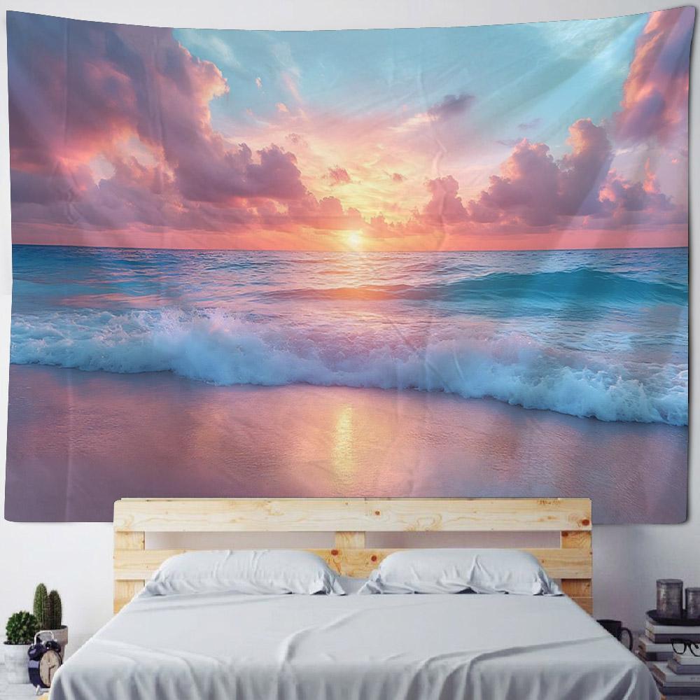 Sea view tapestry, sunrise and sunset coconut tree printed wall hanging cloth, home wall background, sofa covered blanket