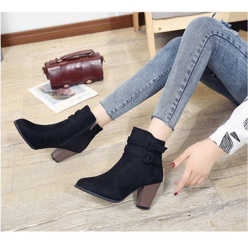 Large Size Cross-border Thick Heel Short Boots Autumn Suede Belt Buckle High Heel Bare Boots Women's Side Zipper Martin Boots