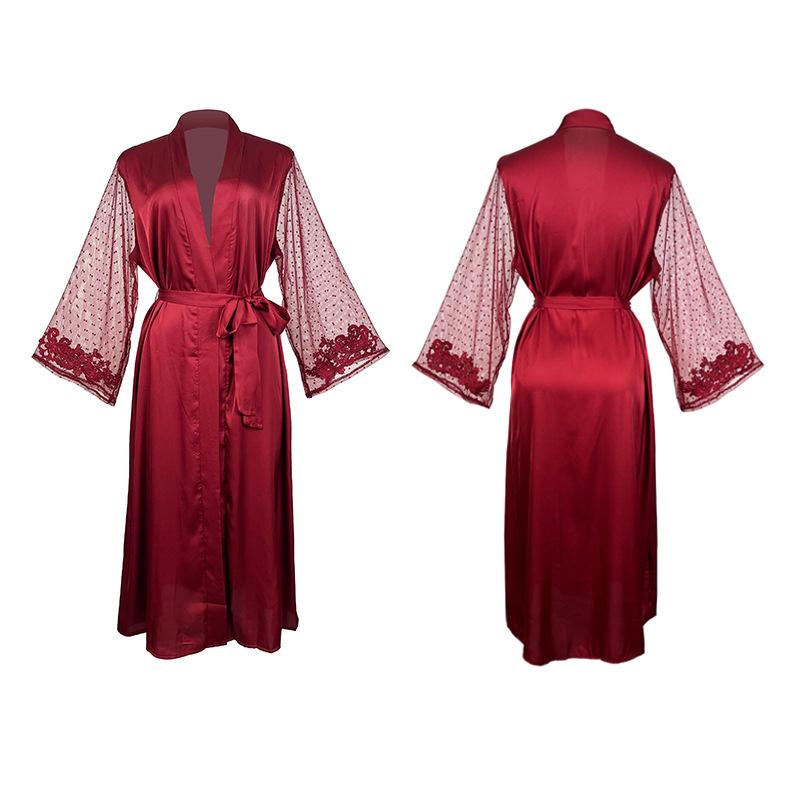 Sexy saténové pyžamo z umělého hedvábí na jaro/léto, svatební noční košile s krajkou, prodloužený ranní župan