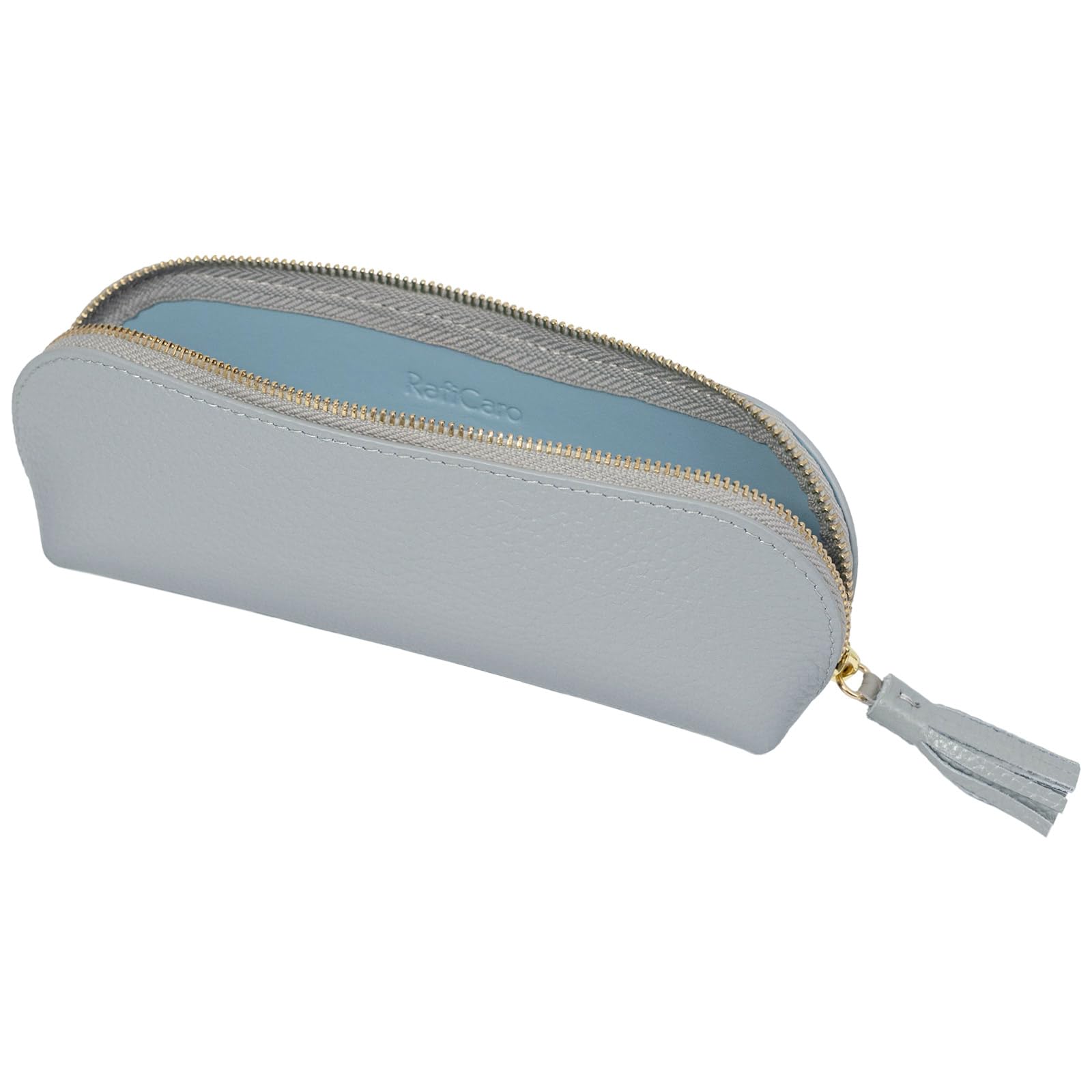

Soft Leather Pencil Case with Large Genuine [RafiCaro] Tassel, Capacity, Compact, Leather, Round, Cute, Simple, Two-Tone, Gray/Blue